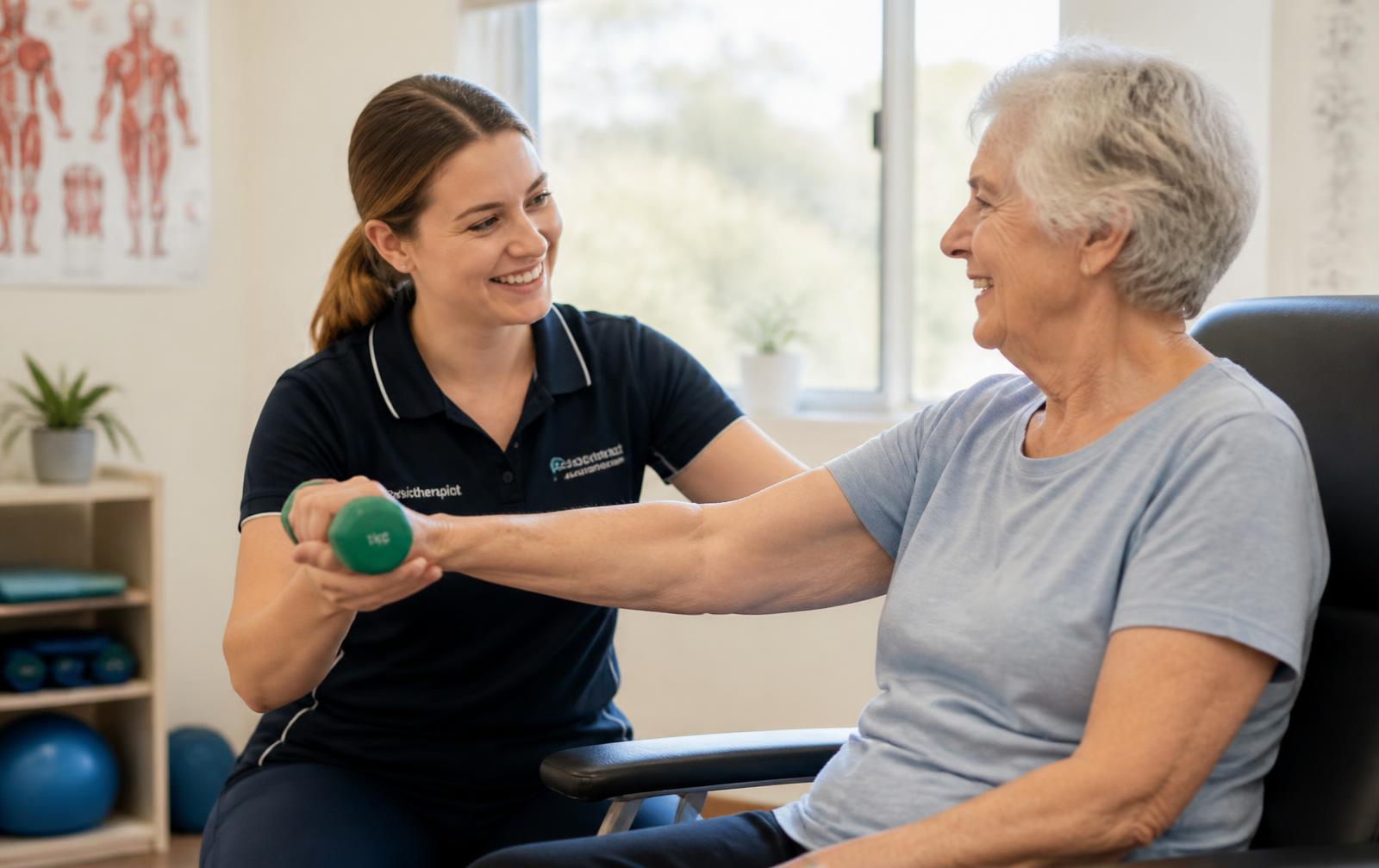A physiotherapist supporting an older woman with gentle exercises in a bright clinic