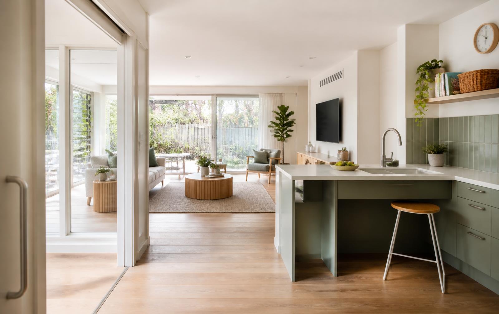 Bright accessible open-plan living room with a wheelchair-friendly kitchen bench